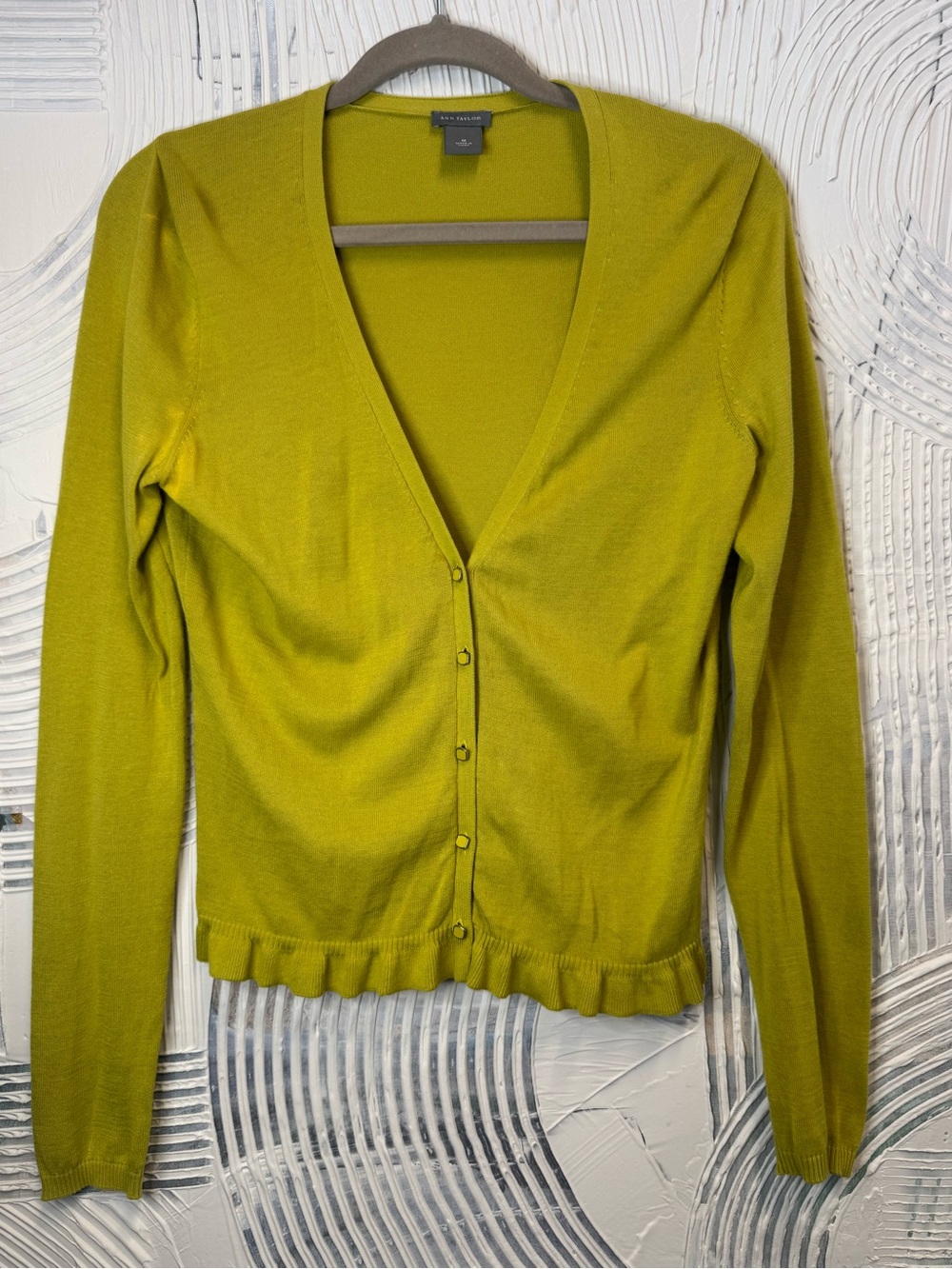 Ann Taylor Chartreuse V-Neck Button-Front Cardigan